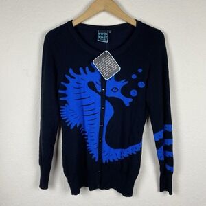 Too Fast M Seahorse Cardigan Sweater Intarsia Knit Beach Wearable Art Coastal